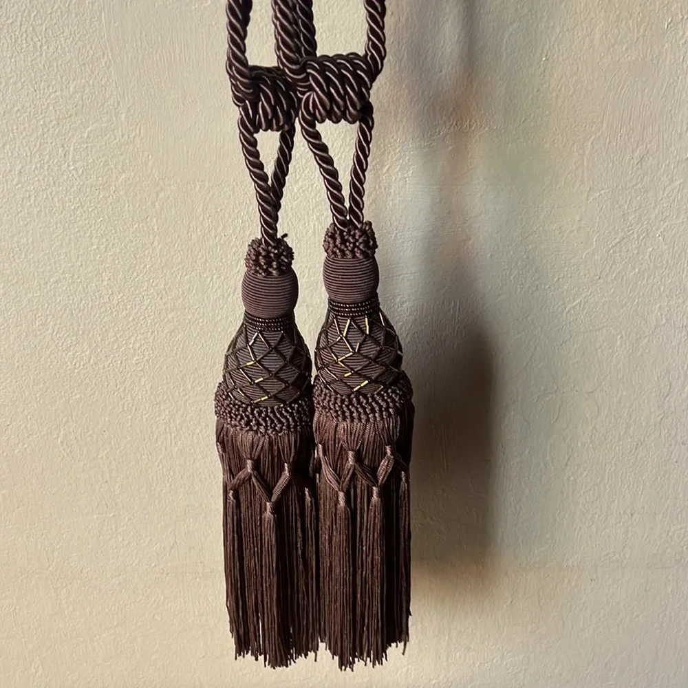 Set of 2 brown curtain tie tassels with copper beads detail approx 24” like new